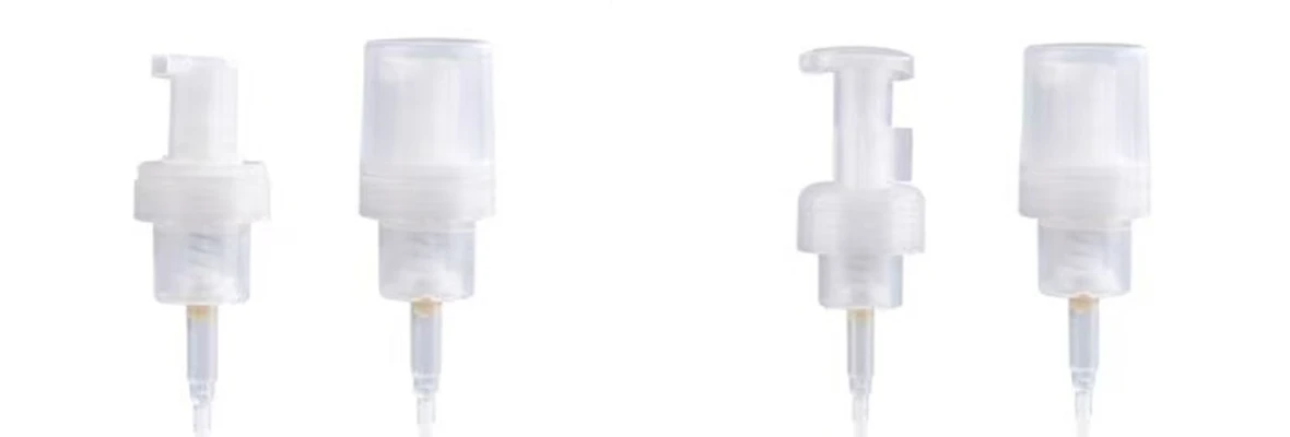 Close-up of transparent foam pump components highlighting the gas-liquid mixing chamber and dip tube structure. Close-up of transparent foam pump components highlighting the gas-liquid mixing chamber and dip tube structure.